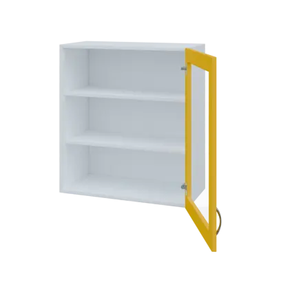 MH - 65S horní skříňka boxová, 1-dveřová, prosklená, pravá, 770x654x440, korpus bílý, dvířko žlutá o